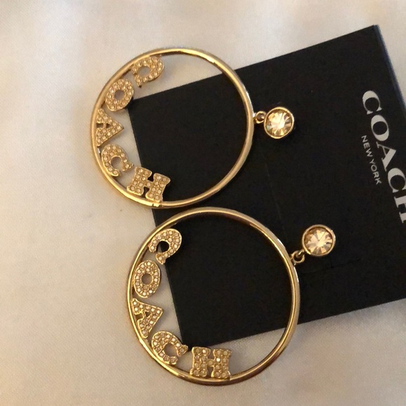 Coach Gold Tone Signature Frontal Logo Hoop Earrings Crystal Accents NWT - Picture 12 of 14